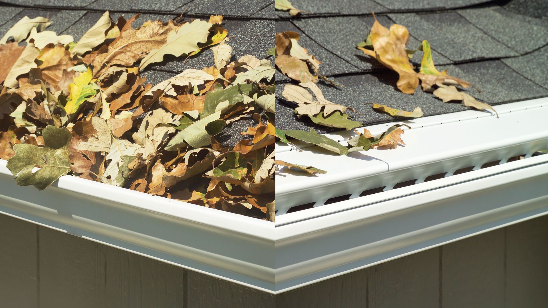 Gutters overflowing with dead leaves on a roof.