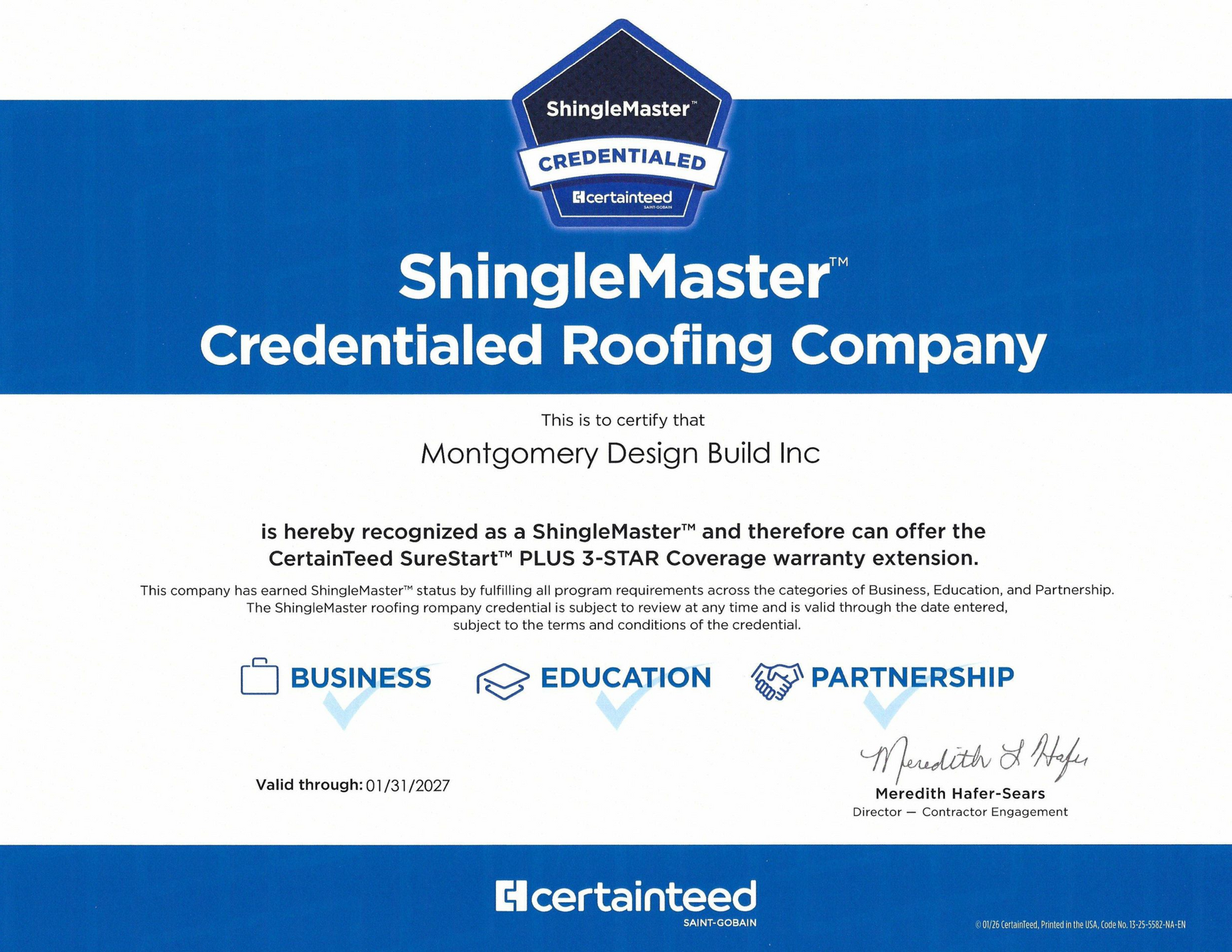 ShingleMaster credential for Montgomery Design Build Inc. with a blue border and white text from CertainTeed.
