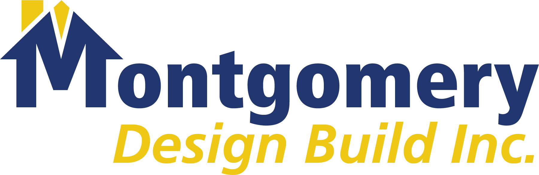 Logo for Montgomery Design Build Inc. The logo features a house graphic in blue with a yellow accent, text is in blue and yellow.