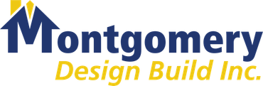 Logo for Montgomery Design Build Inc. The logo features a house graphic in blue with a yellow accent, text is in blue and yellow.