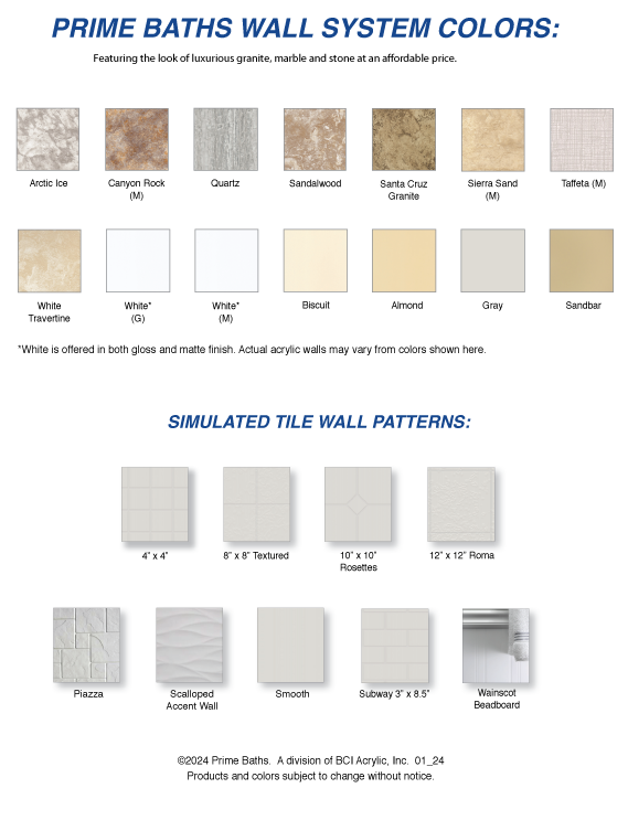 Wall system colors and simulated tile patterns, including options like beige, white, and various stone patterns.