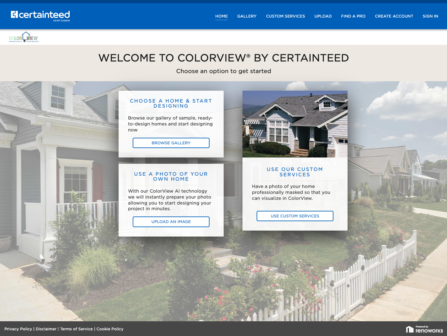 ColorView by CertainTeed landing page. Three boxes: design inspiration, create your color palette, and visualize colors on a home.