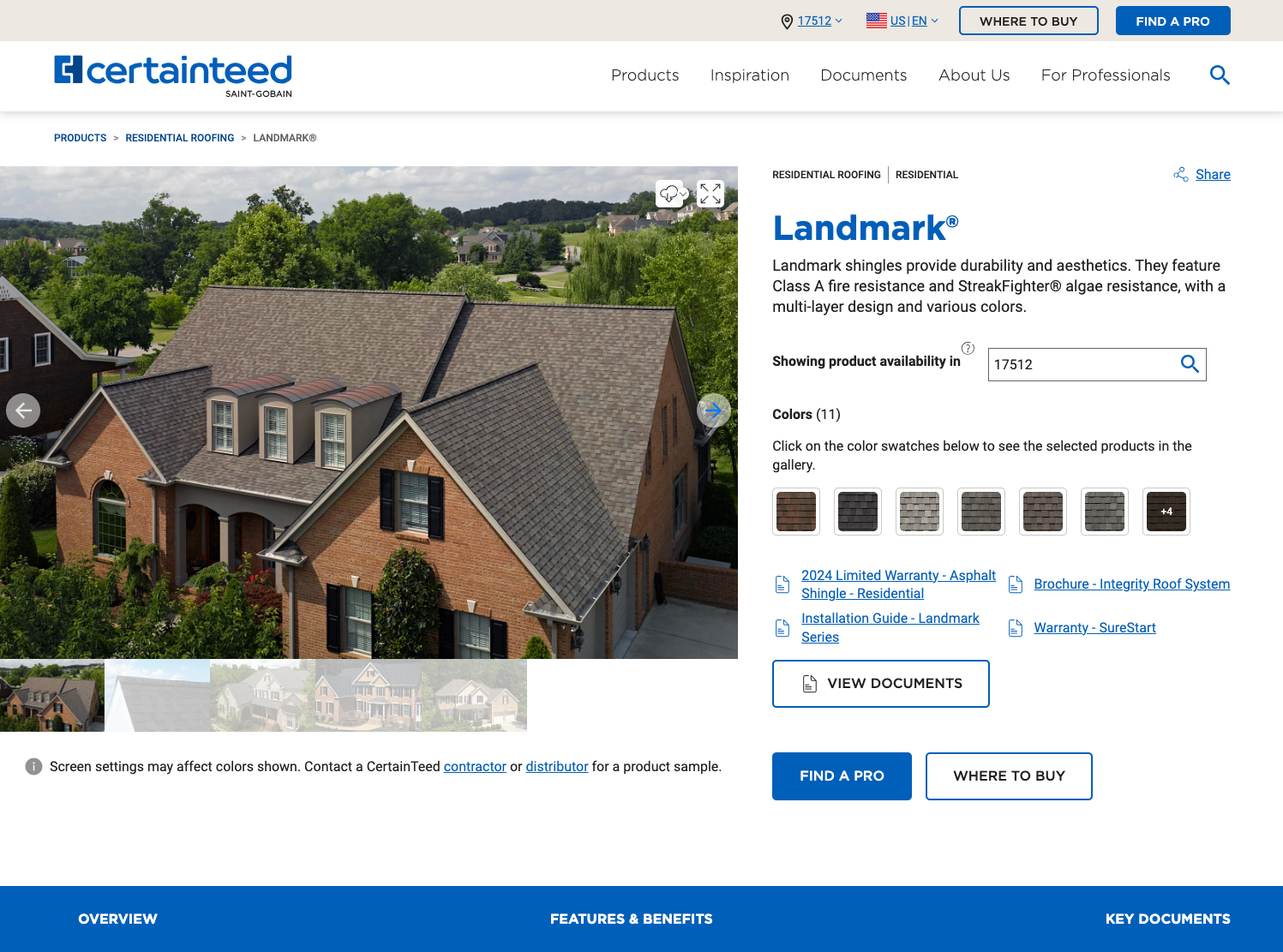 Website showcasing CertainTeed Landmark roofing shingles on a residential home with various color options.