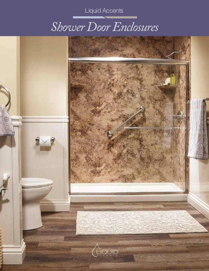 Bathroom with shower door enclosure, wood-look flooring, and a white toilet. The shower has a brown textured wall.