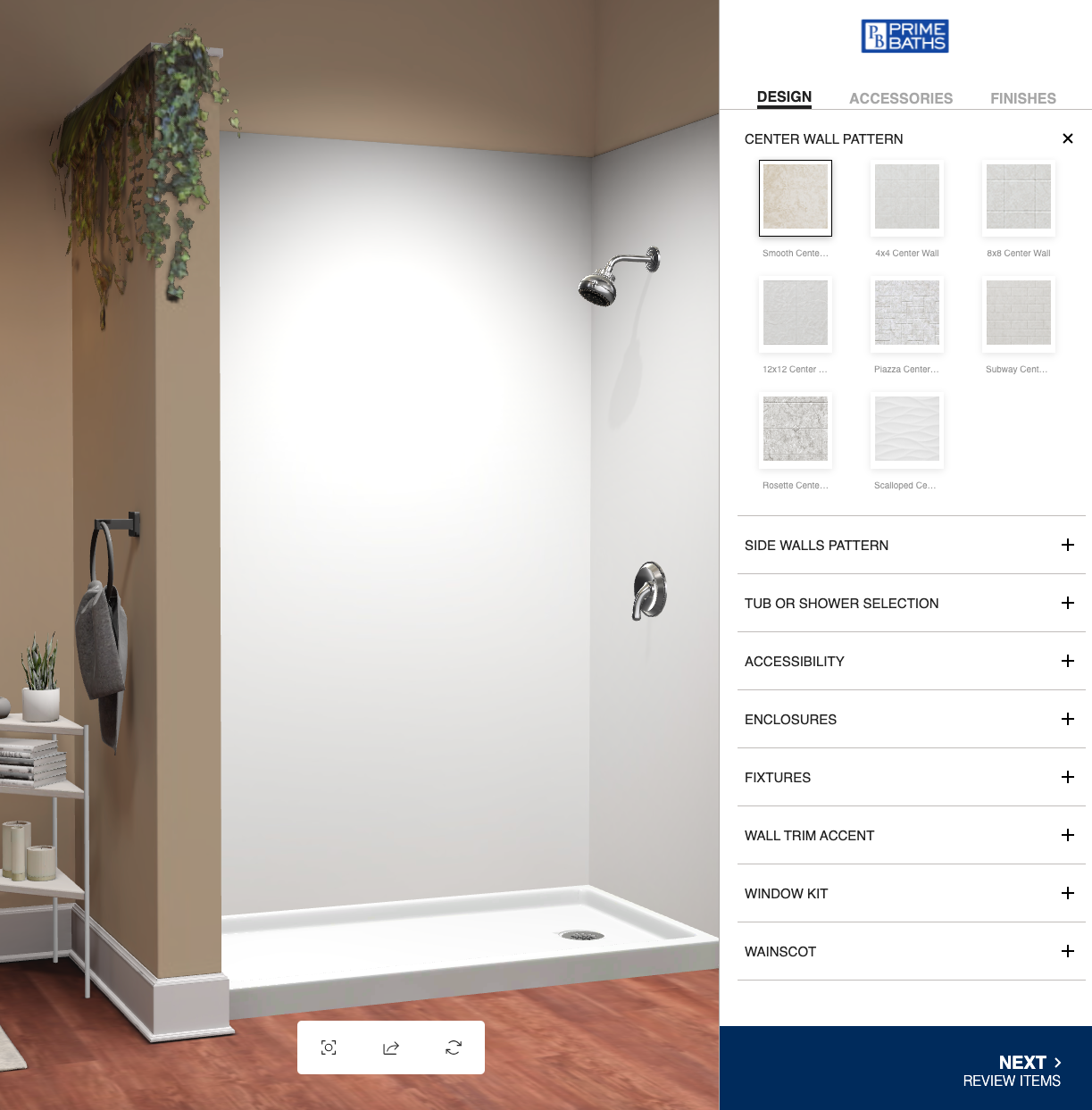 Shower stall with product selection options on right.