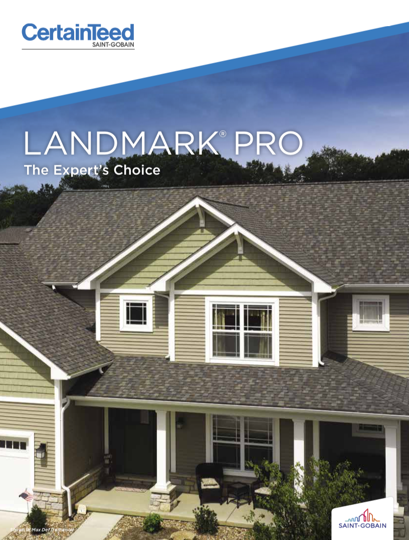Brochure cover: A house with CertainTeed Landmark Pro roofing. Text and logo at top.