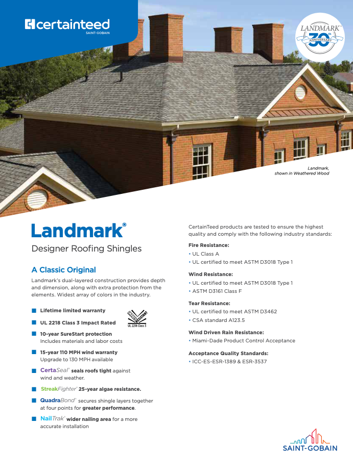 Brochure for CertainTeed Landmark designer roofing shingles featuring a brick building with a gray shingled roof.