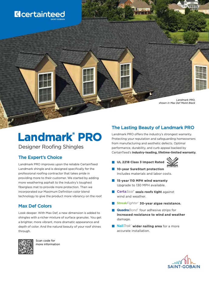 Brochure for Landmark PRO designer roofing shingles. Displays shingles on a house with dormers, and key features.