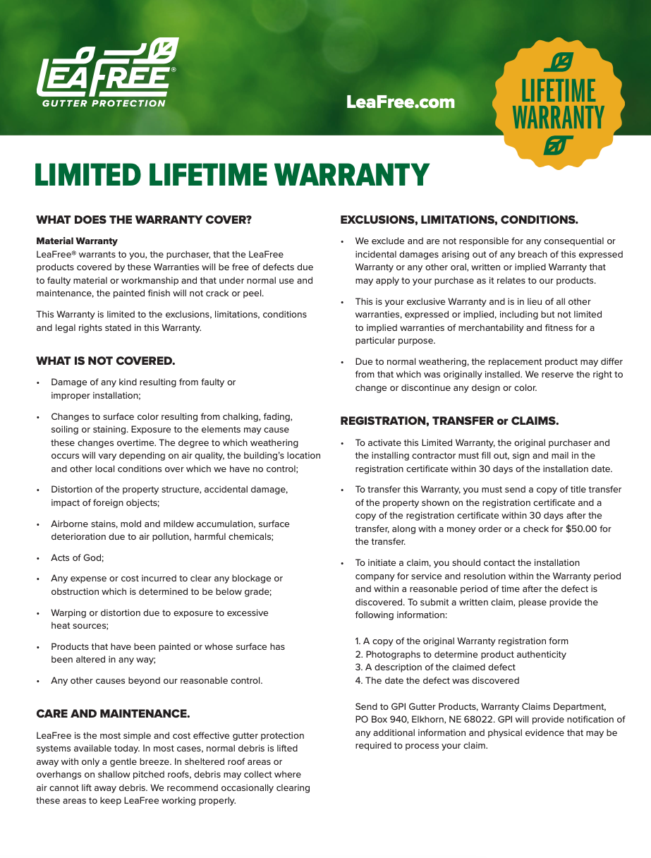 Warranty document with green header,