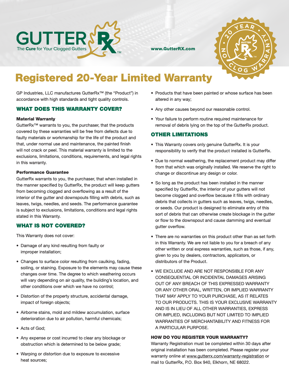 Gutter Rx 20-Year Limited Warranty document with logo, text, and gold seal.