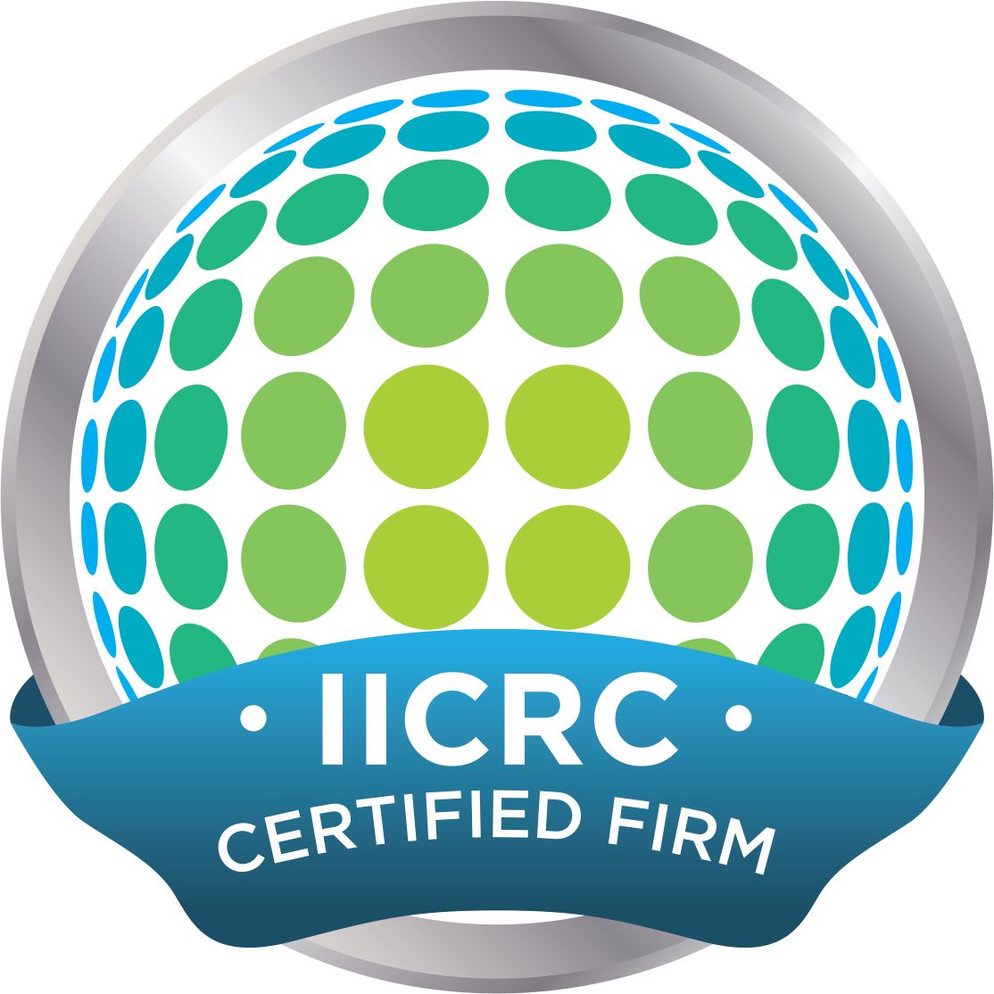 IICRC Certified Firm badge. Globe of green and blue circles, with blue banner and silver border.