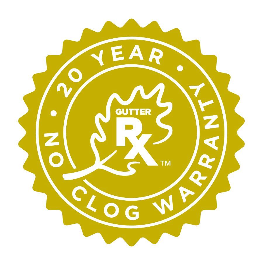 Gold-colored 20-Year Clog Warranty seal for Gutter Rx, with an oak leaf design in the center.