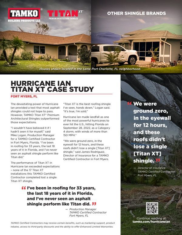 TAMKO Titan XT roofing case study with two houses, featuring testimonials about shingle performance during Hurricane Ian.