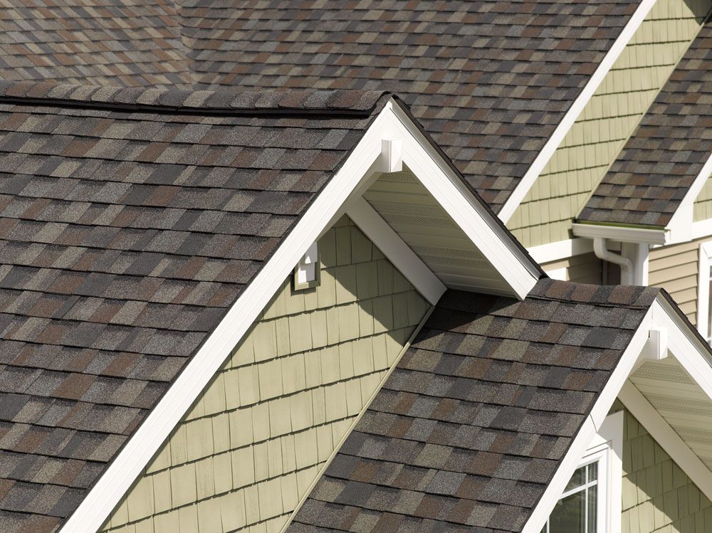 Brown shingled roof with white trim and green siding.