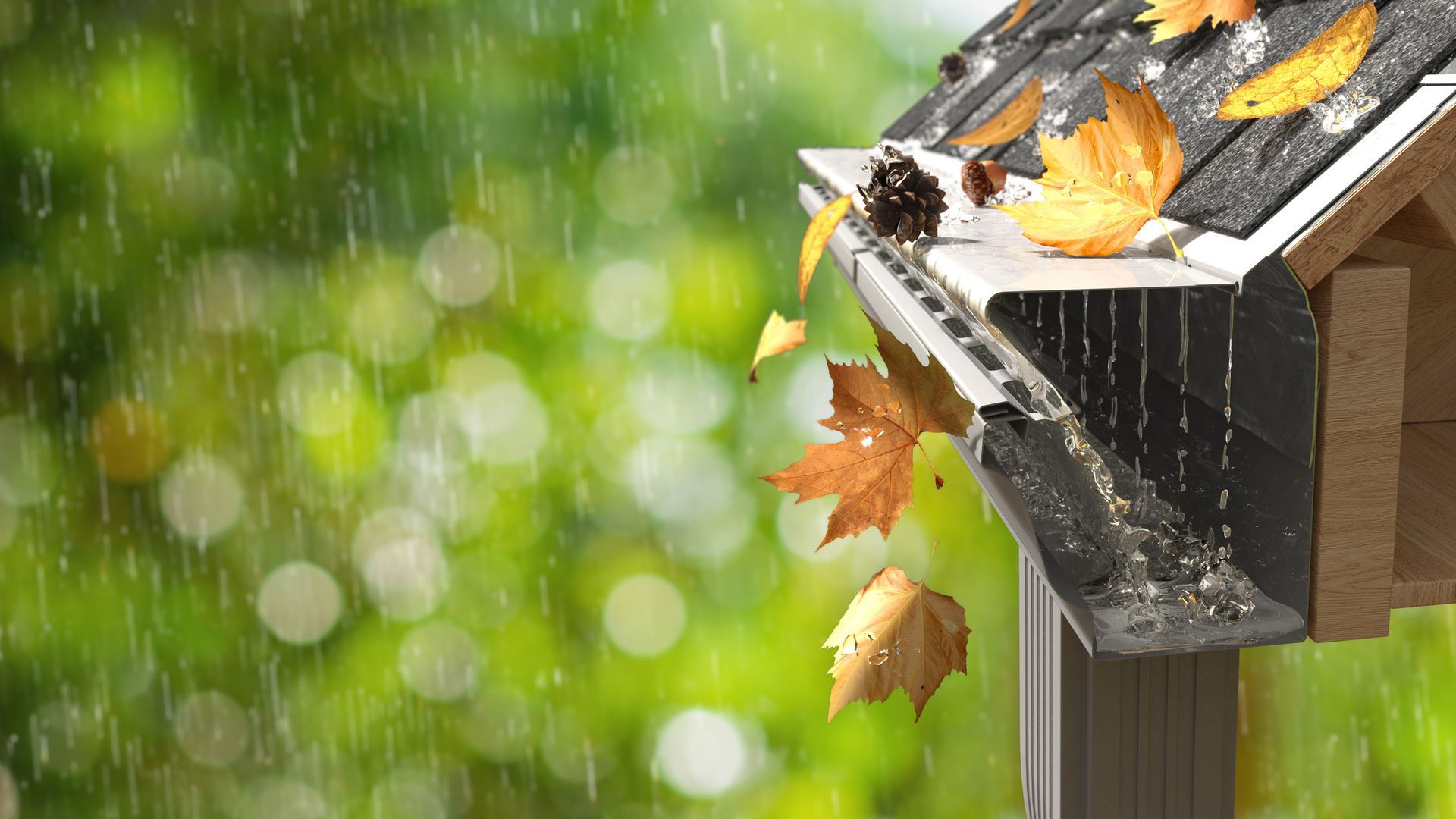 Rainy day with autumn leaves in a clogged gutter.