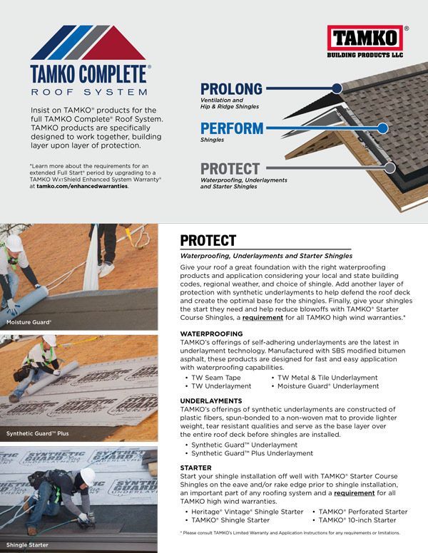 TAMKO Complete Roof System advertisement: product details, installation photos, and layers of roofing components.