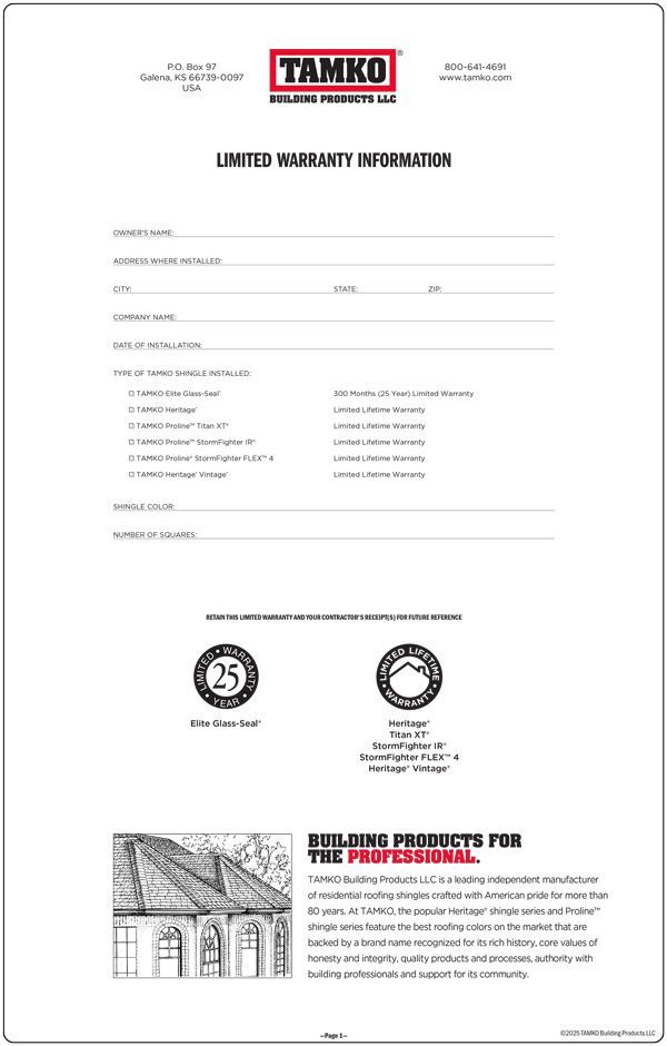 TAMKO Limited Warranty Information form with logo, icons, and product list.
