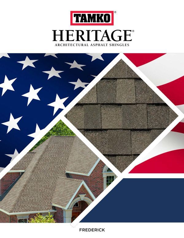 TAMKO Heritage shingle advertisement featuring shingles, American flag, and house.