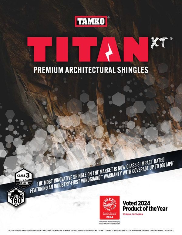 TAMKO Titan XT roofing shingle ad with logo, red text, and impact resistance claim.