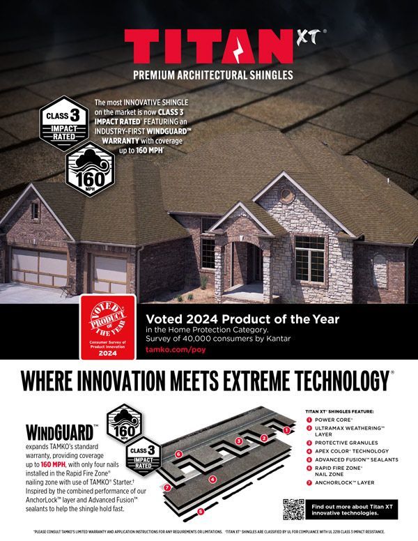 Advertisement for TITAN XT roofing shingles, showcasing their features on a house with wind resistance technology.