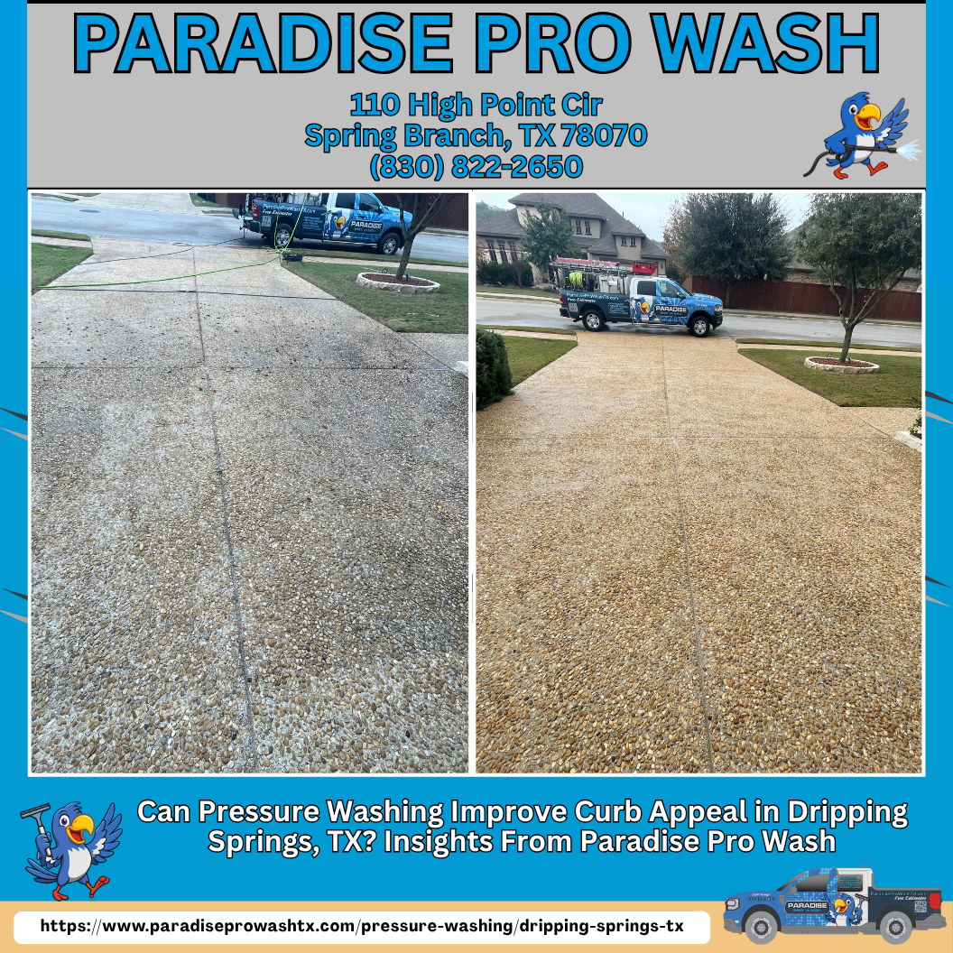 Paradise Pro Wash ad showing a driveway before and after pressure washing in Spring Branch, TX.