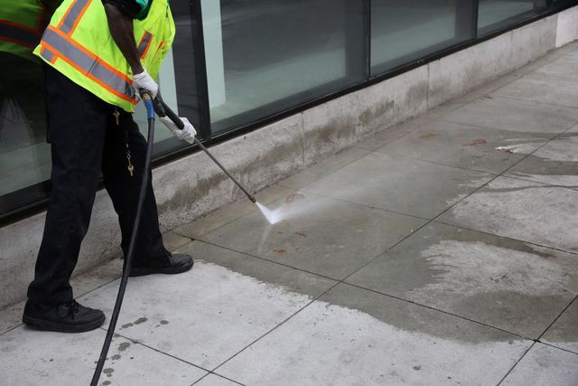 A man is cleaning a sidewalk with a high pressure washer.
