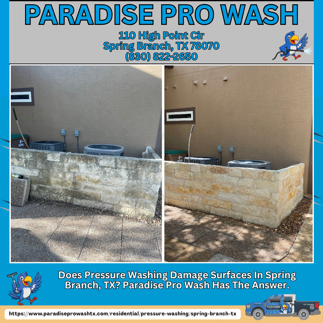Before-and-after photo of a stone wall cleaned by Paradise Pro Wash in Spring Branch, TX.