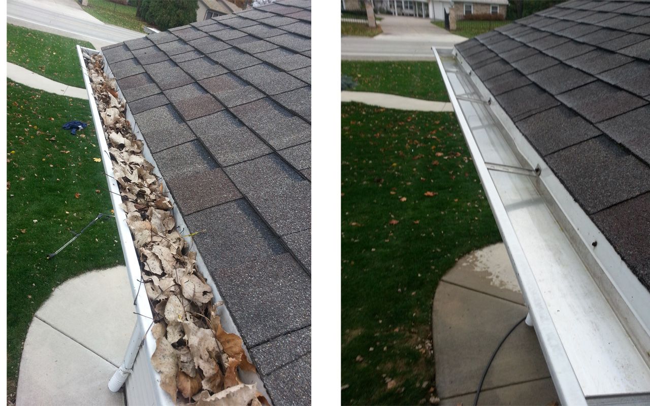 A before and after picture of a gutter with leaves on it