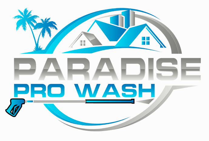 The logo for paradise pro wash shows a house and palm trees.