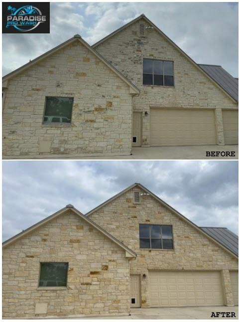 A before and after photo of a brick house washing in Spring Branch, TX