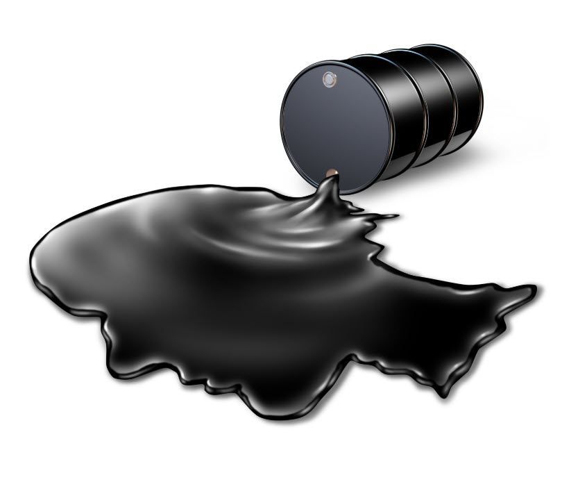 A black barrel is pouring black liquid into a puddle