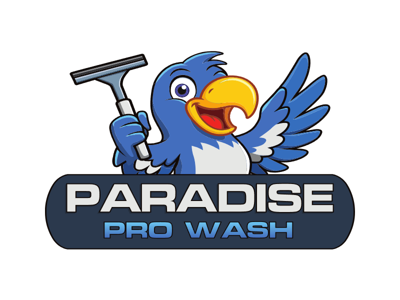 The logo for paradise pro wash is blue and gray with palm trees.