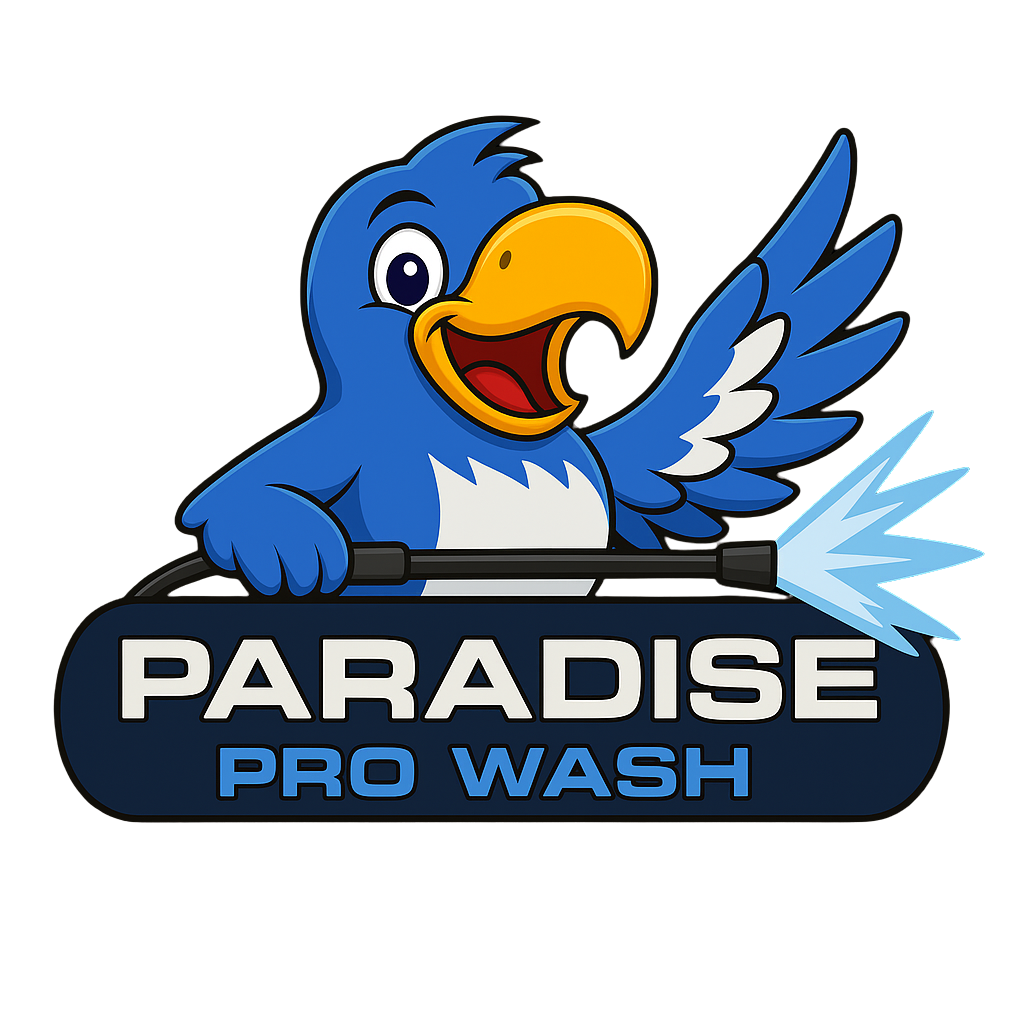 Blue bird mascot holding a pressure washer, with 