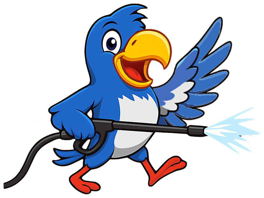 Blue bird cartoon holding pressure washer, spraying water.