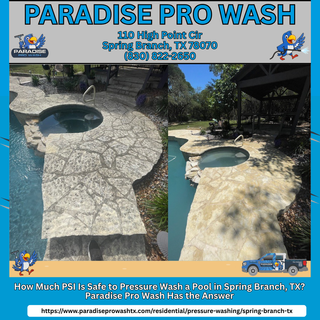 Before and after pressure washing of a pool area by Paradise Pro Wash in Spring Branch, TX.