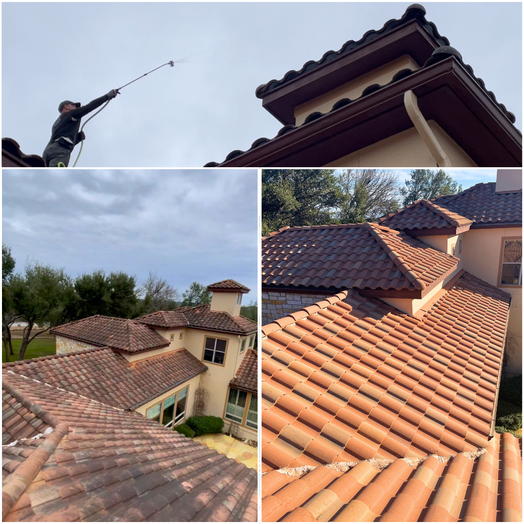 Roof inspection and terracotta tiled rooftops under a blue sky, shown in a four-panel collage
