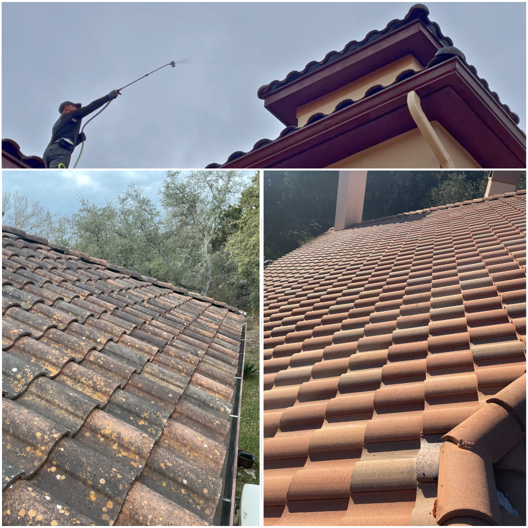 Roof inspection and cleaning on tiled temple roofs, shown from ground and close-up views