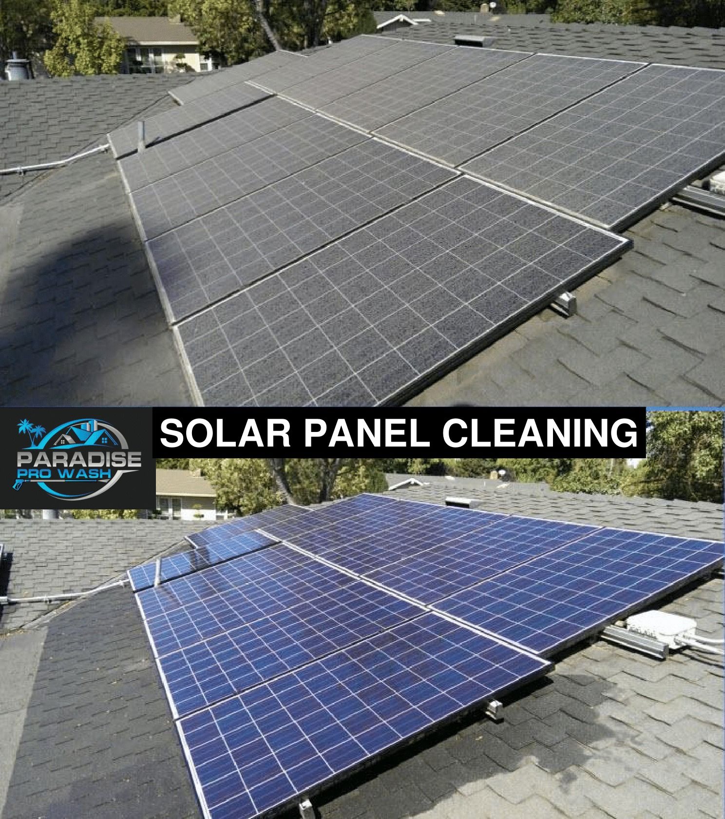 A before and after picture of a solar panel cleaning
