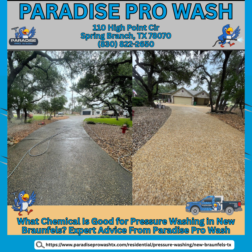 Before-and-after driveway pressure washing. Paradise Pro Wash ad shows dirty vs. clean.