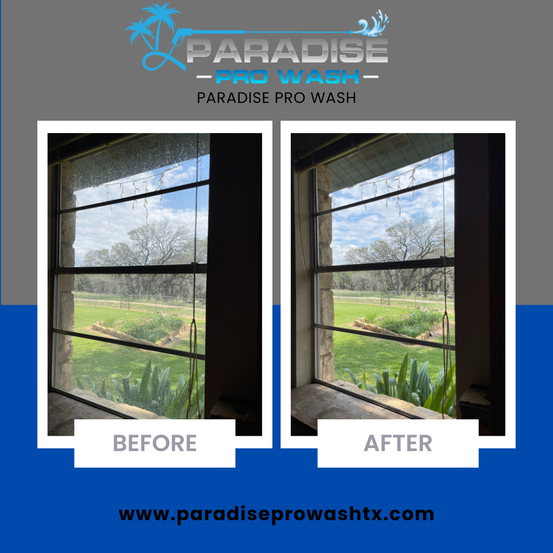 A picture of a window before and after being cleaned by paradise pro wash.