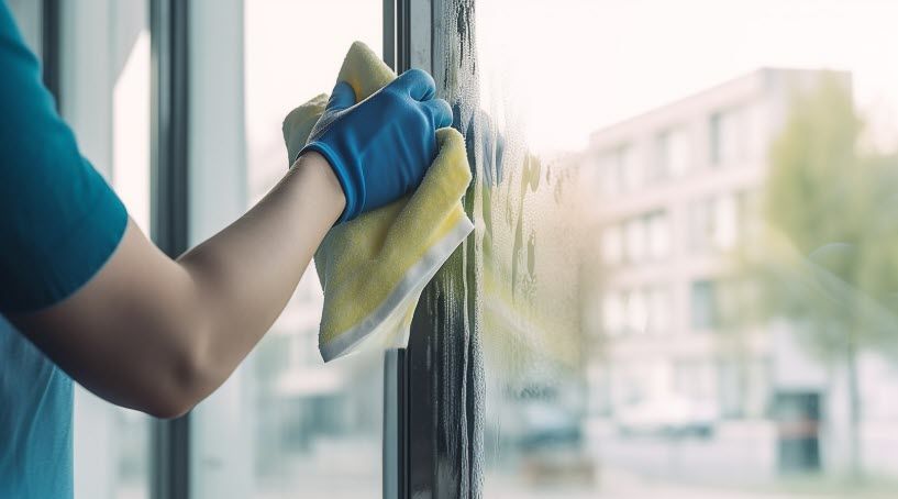 Person wearing blue glove cleans a window with a yellow cloth. Buildings visible outside.