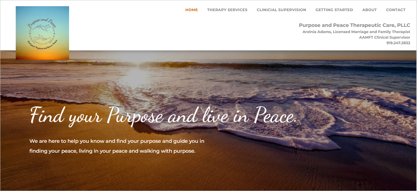 Purpose and Peace Therapeutic Care, PLLC | Areinia Adams, LMFT, AAMFT Clinical Supervisor | Raleigh, NC