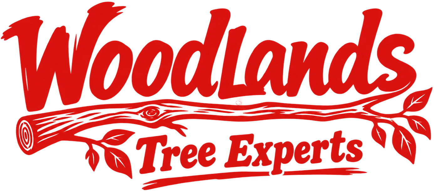 Woodlands Tree Experts red logo with stylized woodcut letters and tree branch design