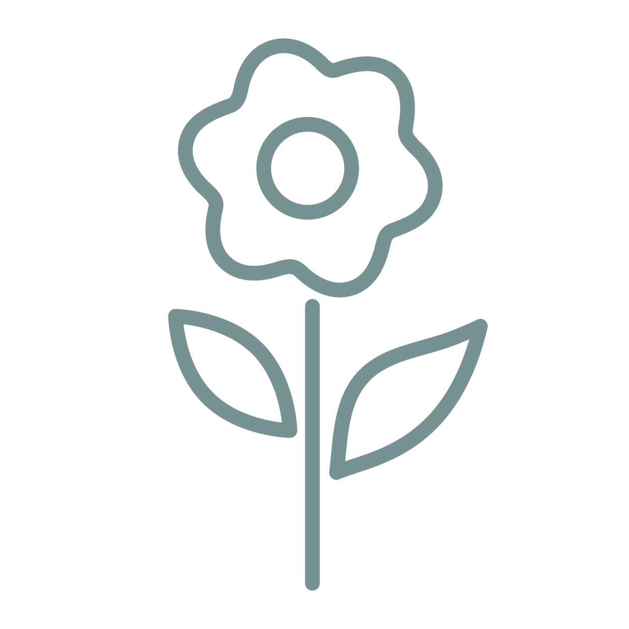 Minimal line-drawn flower icon with teal outline on a white background