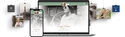 Wedding website displayed on laptop and phone with hanging photo cards