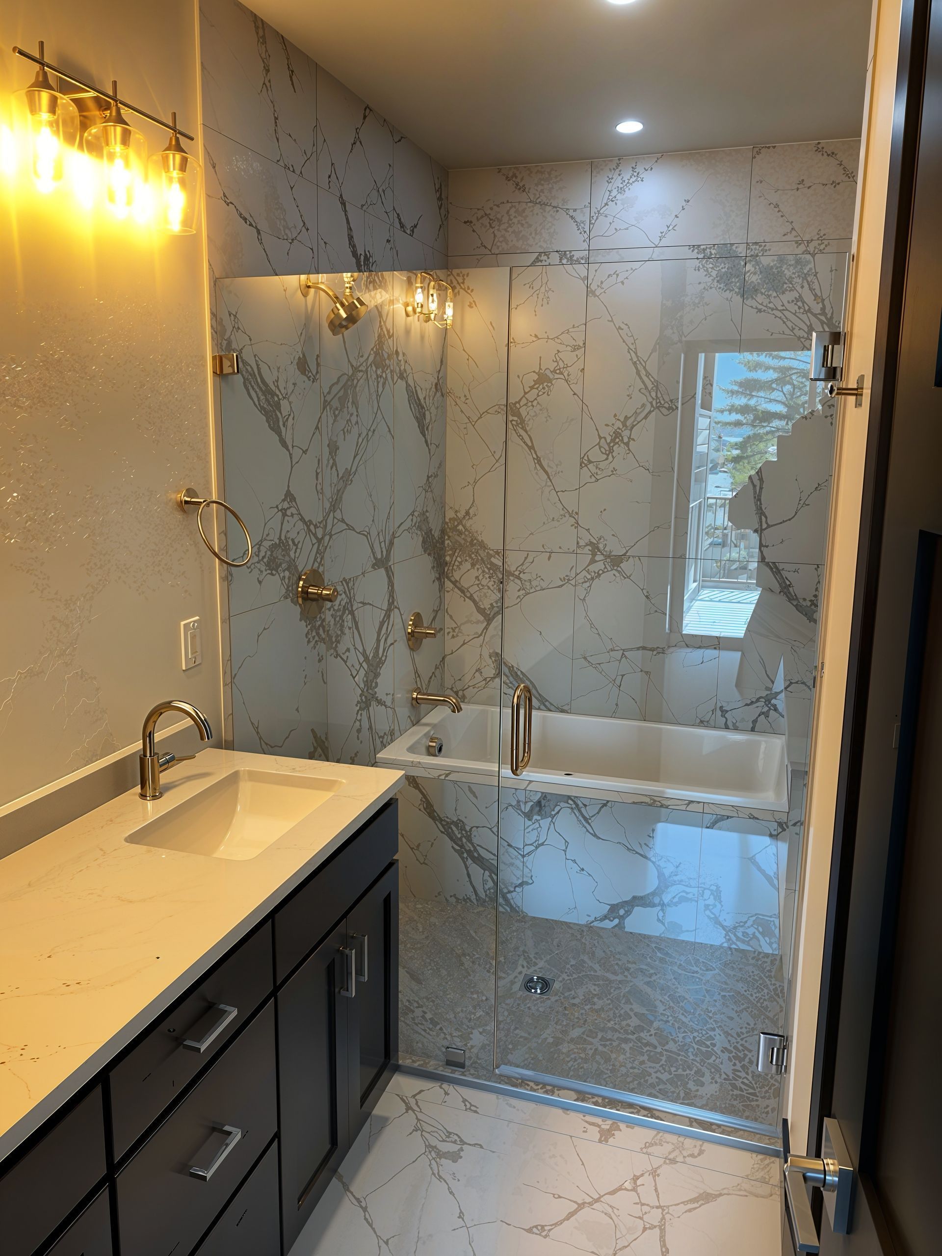 Modern bathroom with marble tile, glass shower enclosure, vanity, and warm wall lighting