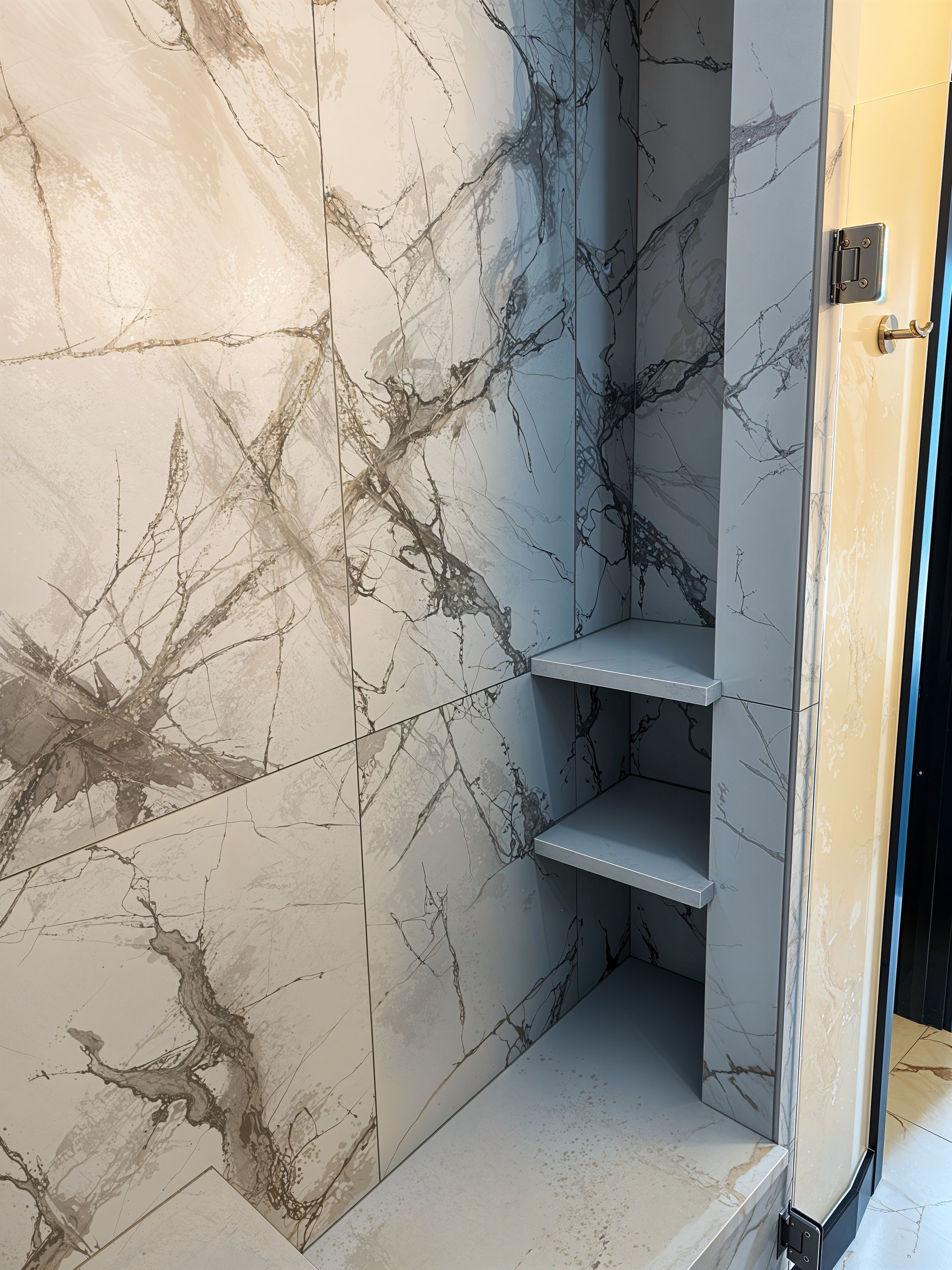 Tiled shower corner with built-in corner shelves and a glass door frame