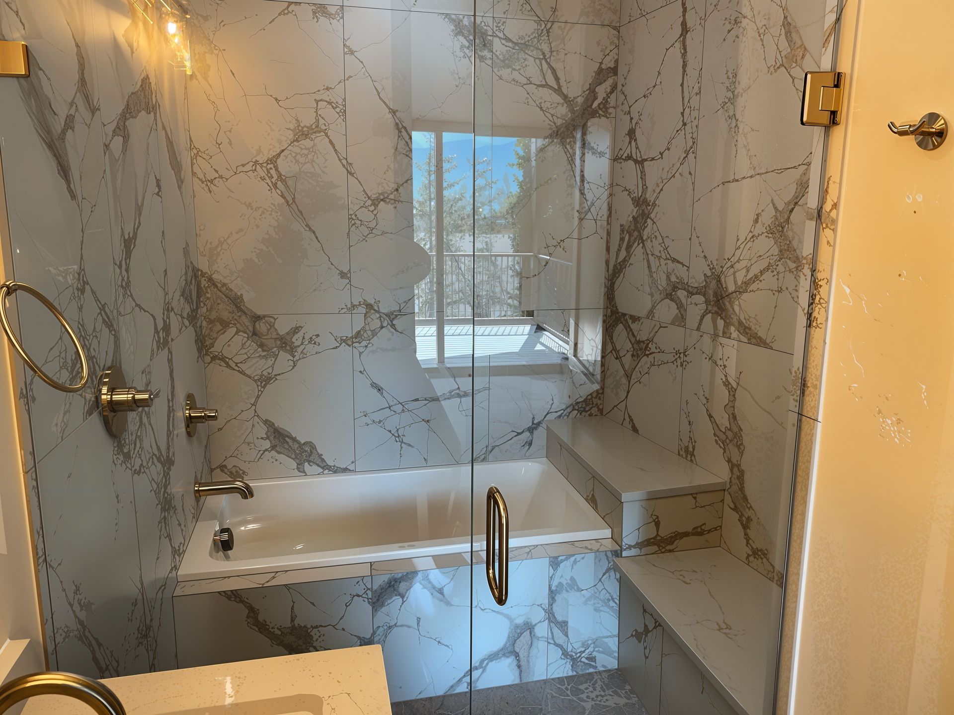 Modern bathroom with marble-tile shower, glass door, white tub, and window reflection