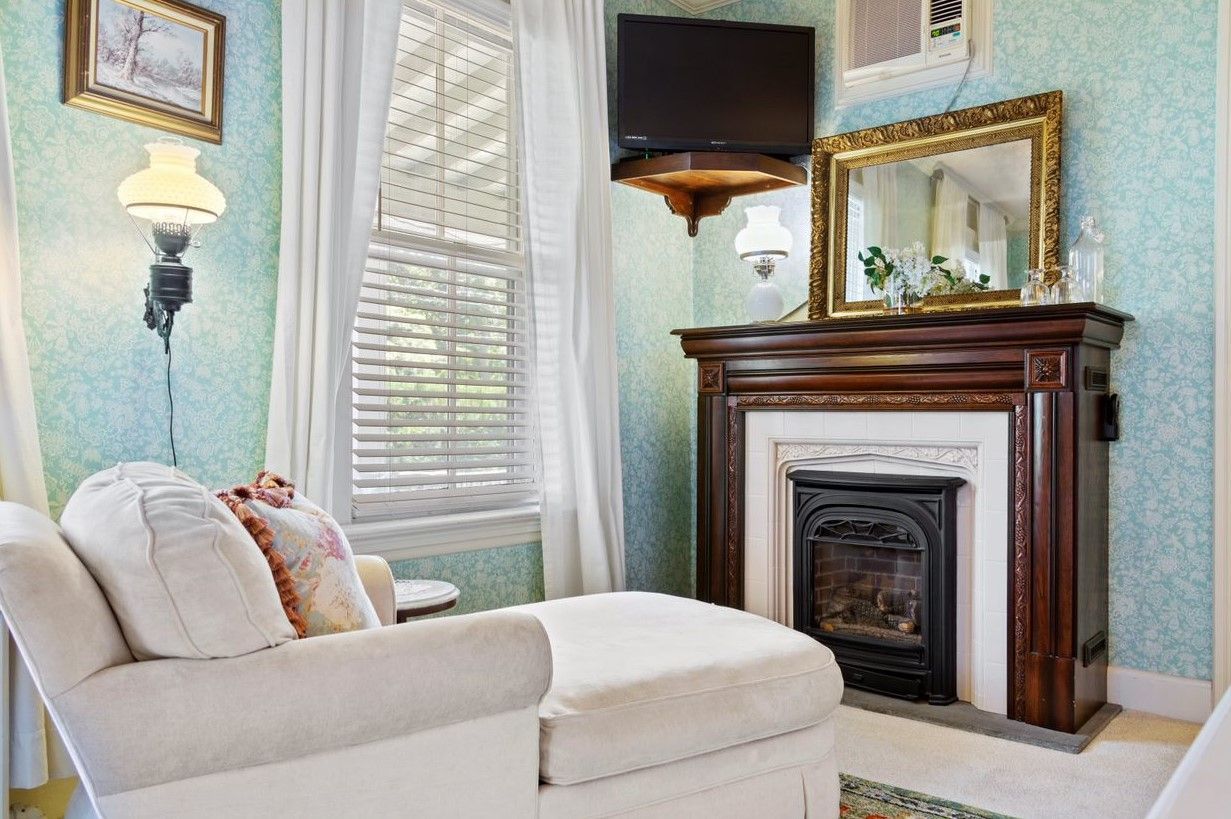 Fireplace and sofa