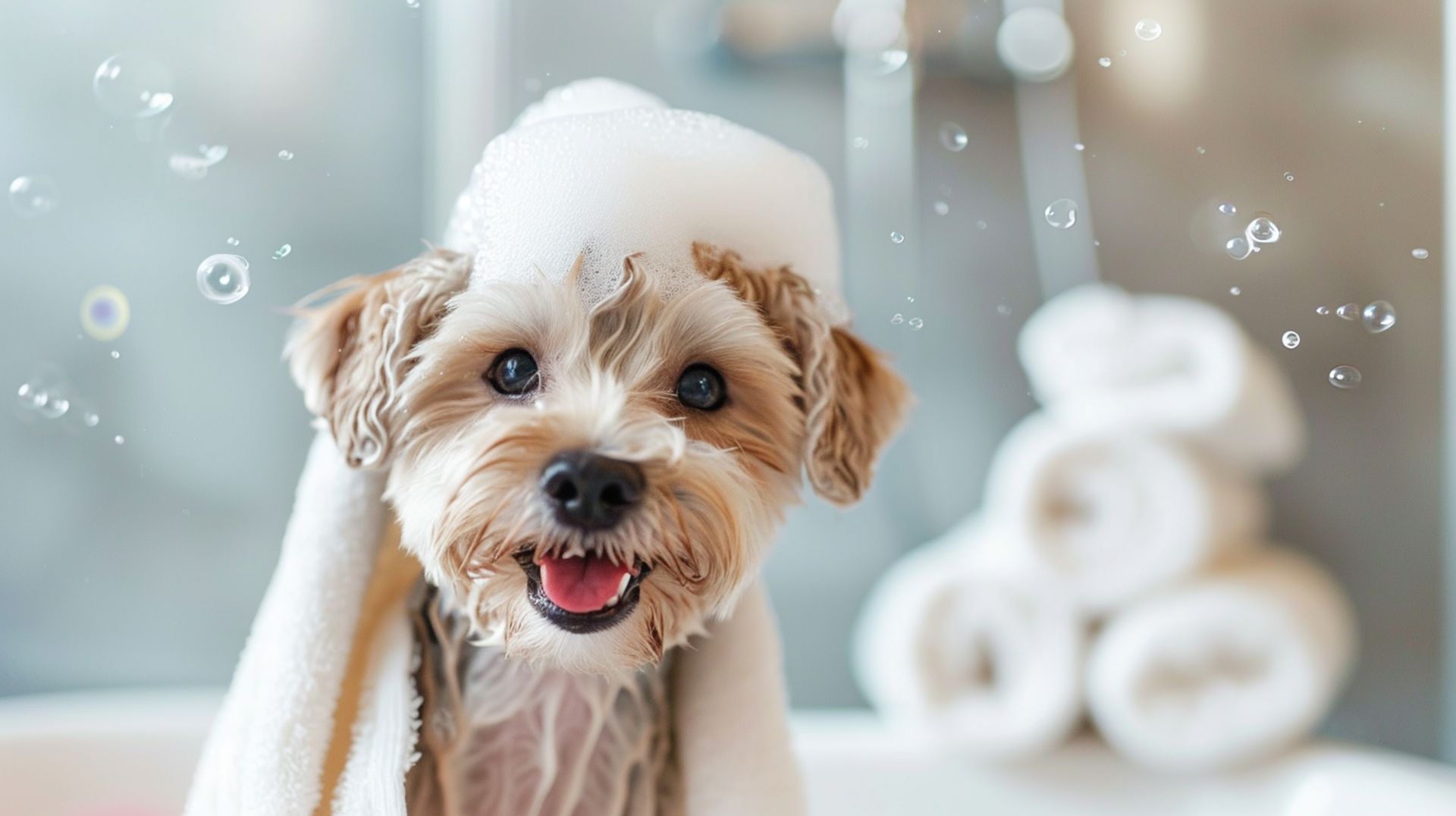Adorable, cute pet taking a bath and covered in a towel Adorable, cute pet taking a bath and covered in a towel